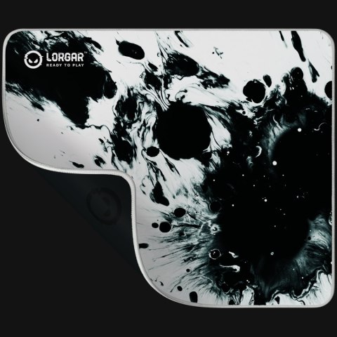 Full print white and black design, Bottom is black rubber with embossed LORGAR logo, with double side edge stitching