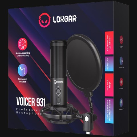 LORGAR Voicer 931, Gaming Microphone, Black, USB condenser microphone with boom arm stand, pop filter, tripod stand. including 1