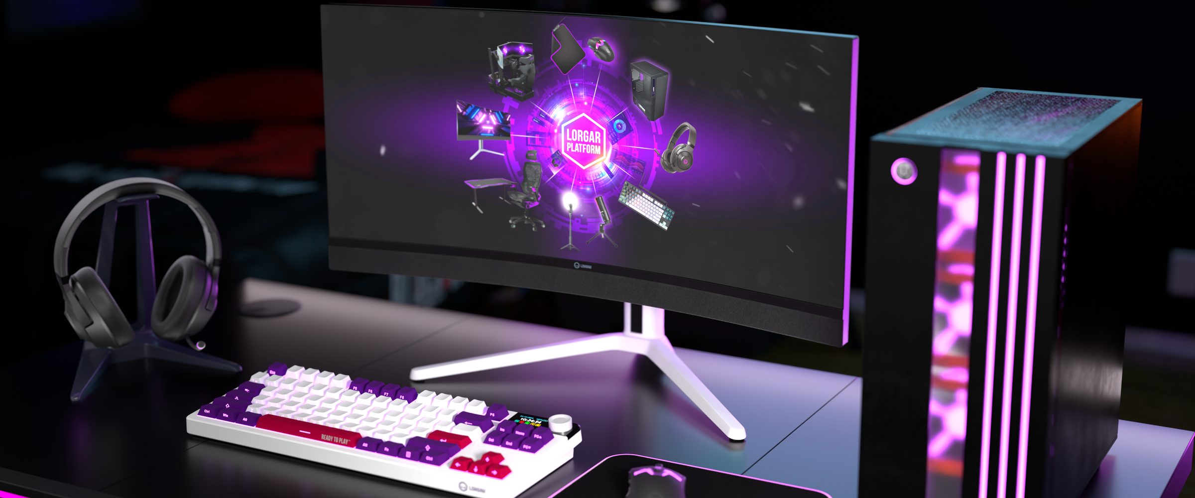 Stanowisko gamingowe LORGAR — monitor z ekosystemem PLATFORM, klawiatura, słuchawki i komputer